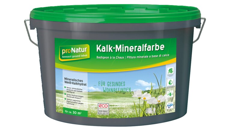 pronatur Kalk-Mineralfarbe, im grauen Eimer und grünen Deckel